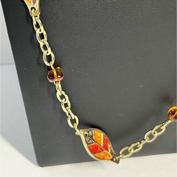 Earth Tone Leaves Beaded Golden Chain Necklace 32-35" - Picture 2 of 8